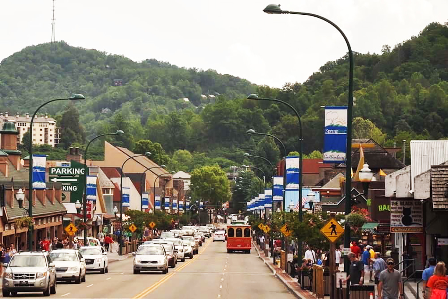Visitors line the streets of Downtown Gatlinburg.