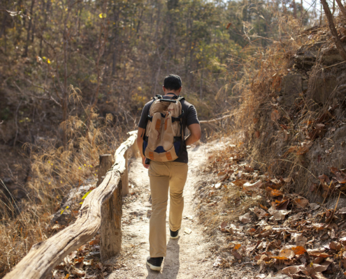 Hiker on a trail in the autumn.