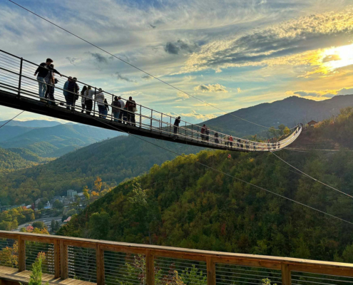 An image of the Gatlinburg SkyBridge in front of the Great Smoky Mountains.